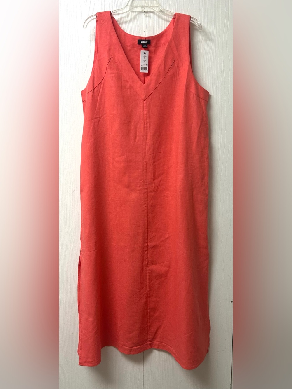 DKNY Coral-Pink Sleeveless V-Neck Linen Blend Dress NWT